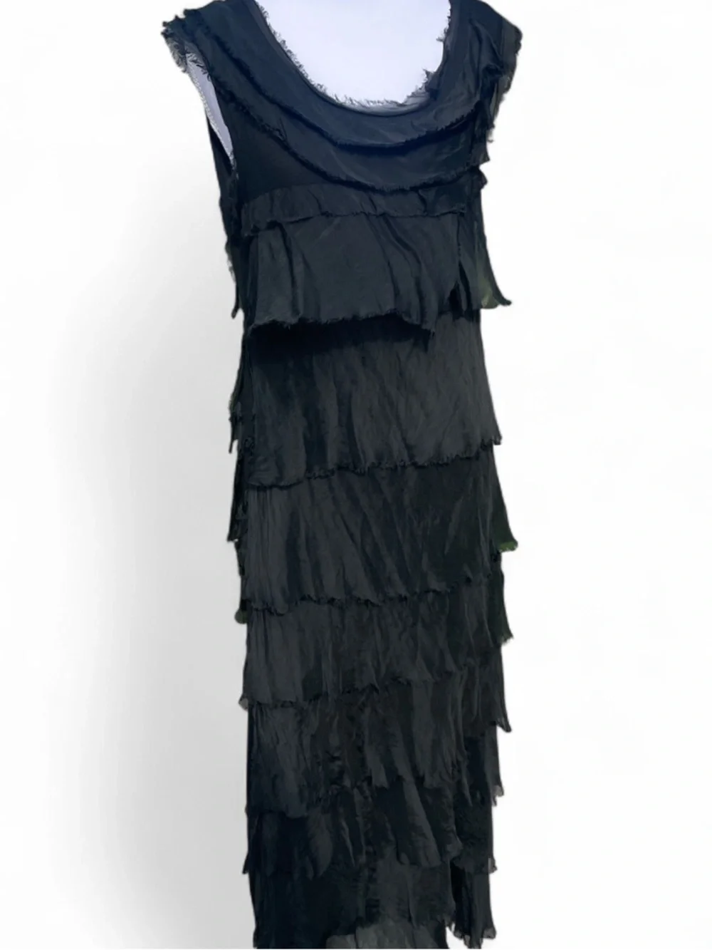 Siena Ruffle Black Tiered Sleeveless Maxi Dress - 100% Silk Layers - Picture 4 of 7